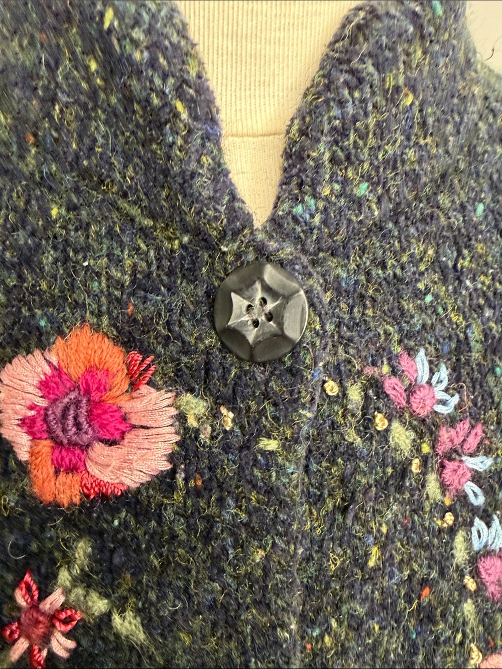 SUSAN BRISTOL LTD. Charcoal Hand Embroidered Floral Wool Blend Cardigan SIZE S - Picture 3 of 16